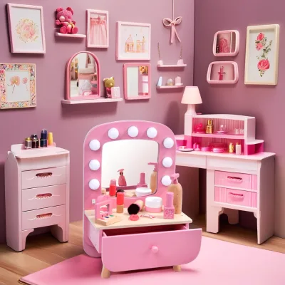 Wooden Kids Makeup Toys Girl Room Beauty Fashion Vanity With LED Lights Mirror Drawers Kit Toy Dressing Table Pretend Play