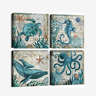Wall Art Paintings High Quality Beach Bathroom Decor Wall Art Sea Turtle Nautical Bathroom Pictures Coastal Octopus Canvas Painting
