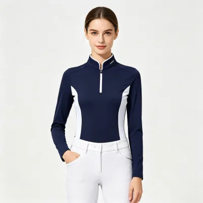Women's Navy Equestrian Quarter-Zip White Piping Honeycomb Mesh Long Sleeve Riding Shirt OEM Custom