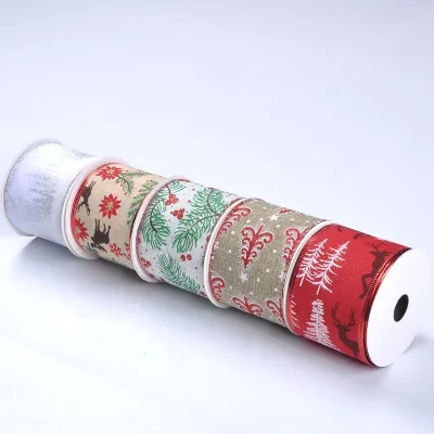 2.5 Inch Single Face Custom Fabric Christmas Ribbon Multicoloured Wire Edged Holiday Ribbon 100% Polyester for Home Gift