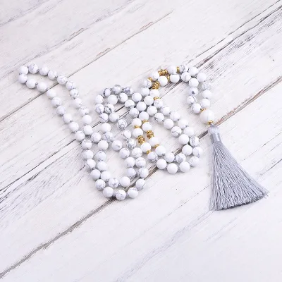 8mm High Quality 108 Mala Beads Necklace Bohemian White Howlite Beaded Long Tassel Necklace With Stones