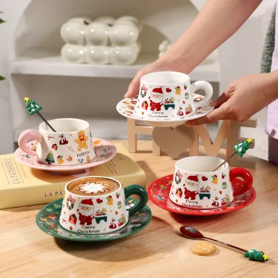 Wholesale Custom Christmas Cups Mugs and Saucer Set Gift Home Office Christmas Ceramic Coffee Tea Mugs Cup and Spoon