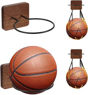 Sports Ball Holders Wood & Metal Wall Mount Ball Display Rack with 2 Pack Basketball Net Bags for Basketball Volleyball Rugby so