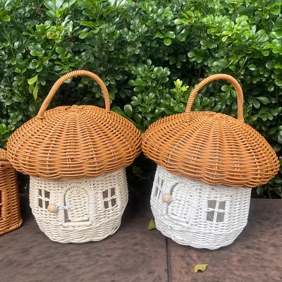 Rattan Storage Basket Mushroom Shape Decorative Woven Basket Fruit Gift Basket Wall Hanging With Lid Photo Prop Kids R