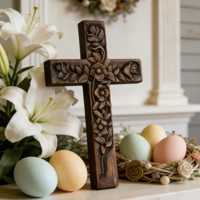 Vintage Classic Carved Floral Wooden Cross Ornament Eco Friendly Religious Christian Catholic Prayer Gift Home Factory Christmas