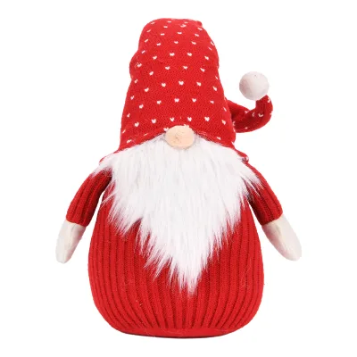 Red Heart Print Knit Hat Christmas Gnome Plush Ribbed Sweater Tomte Doll with Pom Pom for Valentine Holiday Shelf Decor