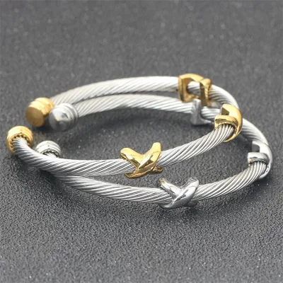 Fashion Women's Stainless Steel Cable Wire Bracelet X-Shaped Twist Wrap Open Cuff Design