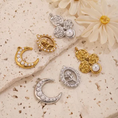 Dina Stainless Steel Light Luxury Vintage Pearl Crescent Rose Flower Charms DIY Earring Necklace Jewelry Accessories Wholesale