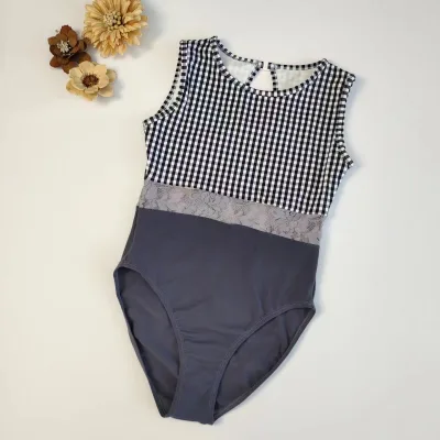 Elegant Grids Design Sexy Daily Practice High Cut Dance Ballet Women Ladies Sleeveless Stretch Bodysuit Leotard