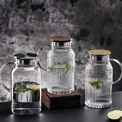 Wholesale OEM Luxury Pyrex Glass Pitcher BPA Free Sunflower Embossed Tea Jug With Metal Lid Juice Water Teapot Kettle