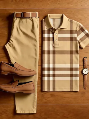 Geometric Plaid Striped 3D Print Men 2 Piece Outfit Button Polo Shirt And Long Pants Set