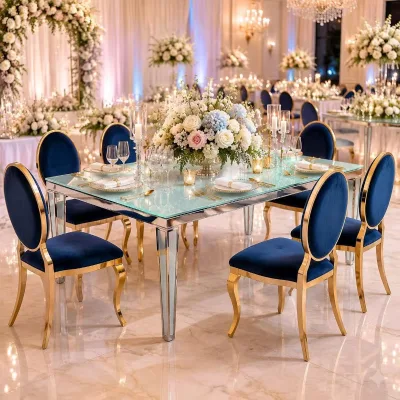 New Style Rectangle Stainless Steel Silver Legs Tempered Glass Tabletop Party Table for Wedding Event Banquet