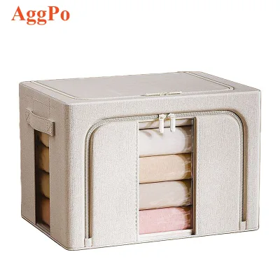Cotton Linen Fabric Storage Bin Box with Steel Frame Foldable Stackable Container Organizer with Clear Window & Carry Handles