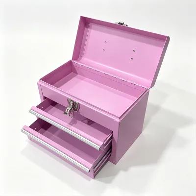 Pink 2 Drawers Steel Tool Chest Lockable Desktop Metal Storage Box with Top Lid for Cosmetics Craft Small Hardware Organization
