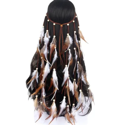 Indian Woven Feather Hair Band Ethnic Style Hippie Feather Headband with Beads Hippie Hippie Headpieces Boho Feather Headband