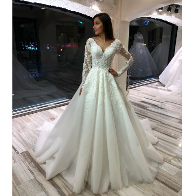 Custom Romantic a Line Long Sleeve Lace Wedding Dresses Bridal Gown Glitter Tulle V Neck Bride Robe Bridal Gown Wedding Dresses