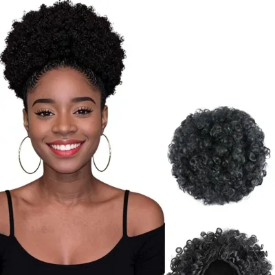 Short Afro Puff Hair Bun with Drawstring for Black Women Synthetic Kinky Curly Small Afro Bun Caterpillar Extension Natural 50g