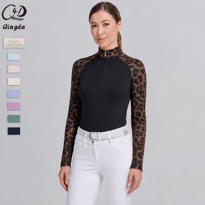 Espresso Leopard Long Sleeve Raglan Quarter Zip Sun Shirt Equestrian Clothing Wholesale Custom Horse Riding Wear Tops