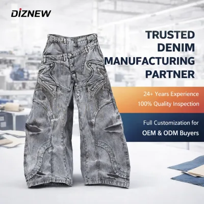 DiZNEW 2026 Streetwear Jeans Mens Grey Wash Wide Leg Denim Jeans Custom Panel Construction Streetwear Private Label Low MOQ