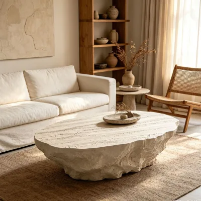 Natural Rough Edge Travertine Coffee Table Irregular Stone Center Table Wabi Sabi Designer Coffee Table for Home Living Room