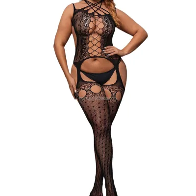 Women's Sexy Transparent Fishnet Bodysuit Lingerie Crotchless Jumpsuit with Lace Decoration Plus Size Women's Thin Socks