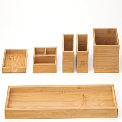Bamboo Vanity Tray, 6-Piece Bathroom Countertop Tray Set, Makeup Kitchen Desk Organizer and Storage Holds Small Items