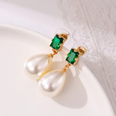 JOYFFO Vintage Pearl Earrings Large Teardrop Green Emerald St Patrick's Day Gold Green Dangling Earrings Women's Costume