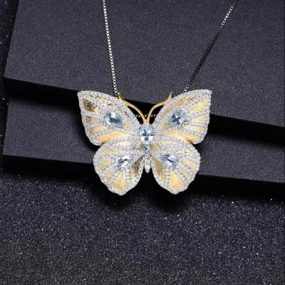 Abiding Luxury Elegant Jewelry 925 Sterling Silver Diffussion Sapphire Topaz Gold Plated Butterfly Brooch Pin Pendant for Women