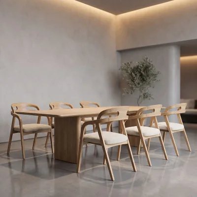 Architectural Curvilinear Hollow Back Upholstered Cushion Open Finish Solid Ash Wooden Fine Dining Chair