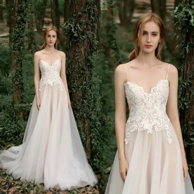 Drop Shipping Forest-Style Light Champagne Wedding Dress Lace Tulle Spaghetti Strap Small Train for Outdoor Ceremonies Bridal Evening Dresses