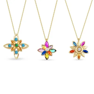 Gemnel 925 Silver Multicolor Rainbow Pendant Necklace Zirconia Flower Star Cross Bezel Open Work Charm Necklaces