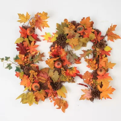 Artificial Maple Leaves with LED Light Silk Leave Pumpkin Berry Vine for Living Room Window Ornament Handcrafted Autumn Decor