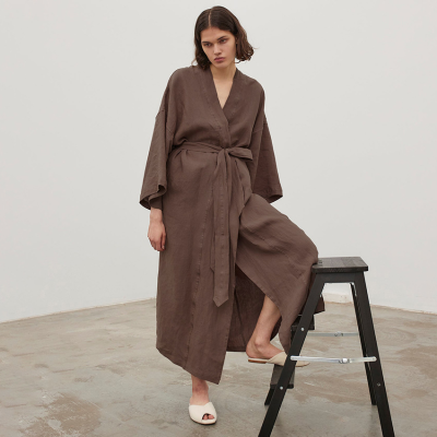 Brown Robes for Women Loose Three Quarter Sleeve Nightwear Sashes Cotton Bathrobe Female Casual Sleepwear
