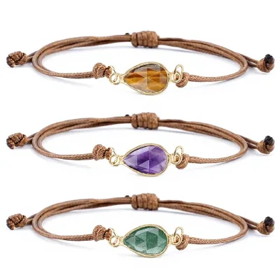 Wholesales Natural Rose Quartz Face Water Drop Adjustable Braided Bracelet Crystal Healing Stone Fashion Bracelet for DIY Gift