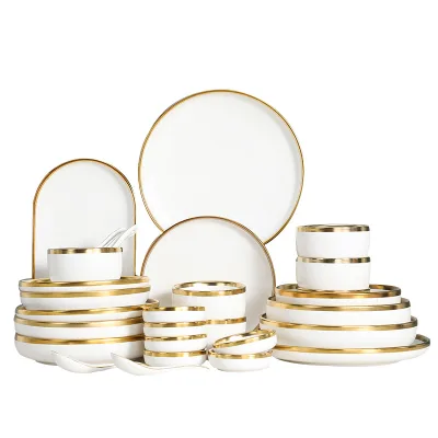 Nordic Gold Rim White Matte Ceramic Tableware Set Porcelain Ceramic Bowls Plate Dinner Set