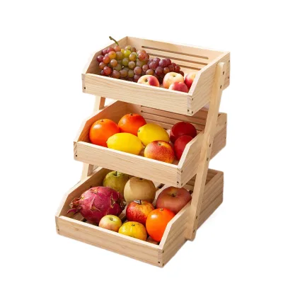 3-Tier Natural Solid Pine Wood Fruit Basket Breathable Kitchen Countertop Vegetable Snack Organizer Wooden Food Storage Rack