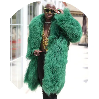 New Design Plus Size Fur Long Coat Men Long Real Mongolian Lamb Fur Jacket