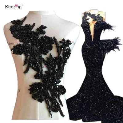New Arrivals Crystal Applique Shoulder Subsidy Sew on Floral Lace Rhinestone Stone Appliques Embroidered Patches WDP-296