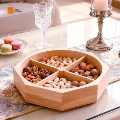 BSCI Factory Modern Sustainable 360° Rotatable Wooden Storage Container Tray Box for Cooked Food Snacks Nuts Candies Seasonings