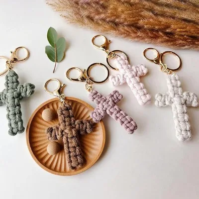 Regular Style Minimalist Handwoven Cotton Cross Keychain Jesus Key Chain Christian Car Decoration Soft Cross Keychain