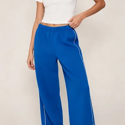 Winter Womens Custom Fleece French Terry Lined Uncuffed Flat Front Wide Leg Sweatpants with Pockets Piping for Women
