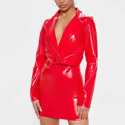 Sexy Club Night Red Vinyl  Two Piece Set  Crop Jacket Mini Skirt  Women