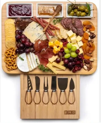 Youlike Unique Handmade Bamboo Charcuterie Board Cheese Board with Knife Set, 3 Ceramic Bowls for Party