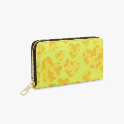 Factory Custom logo Yellow Camo Heart Print PU Leather Zipper Wallet Yellow Camouflage Heart Pattern Long Clutch Purse for Women