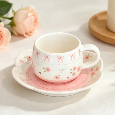 Small Cute Floral Bow-Knot Ceramic Cup Saucer Set Girly Pink for Home Afternoon Tea Comes with Tray
