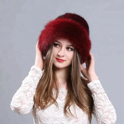 Hot Selling Mink Fur Knitted Hat with Fox Fur Brim Top Hat Design