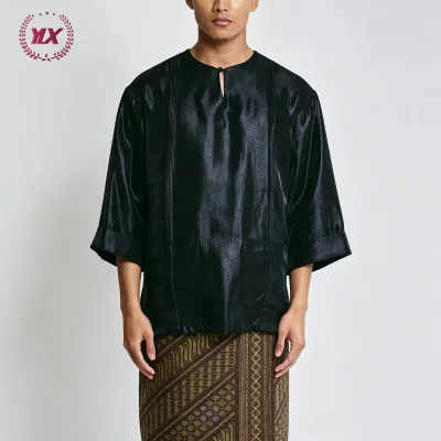 Glossy Black Stand Notch Collar Men's Kurta Pleated Front 3/4 Wide Sleeve Dual Front Pockets Satin Muslim Raya Prayer Modest Top