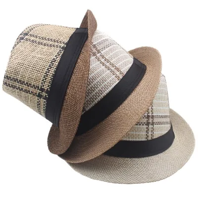 Men's Jazz Hat Fedora Breathable Linen Top with Curly Straw Stripe Style Outdoor Sun Cap for Travel Fishing Casual Use