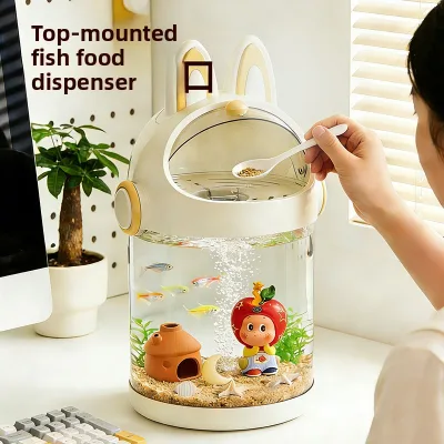 Cartoon Fish Tank Household Transparent Eco Cylindrical Lid Small Desktop Landscape Aquarium Creative Plastic Lighting Breeding