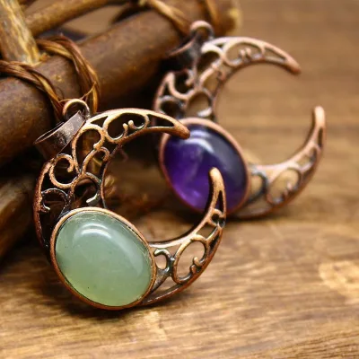 Fashion Non Tarnish Vintage Ethnic Style Handmade DIY Jewelry Moon Shaped Natural Stone Pendants Charm for Women Necklace